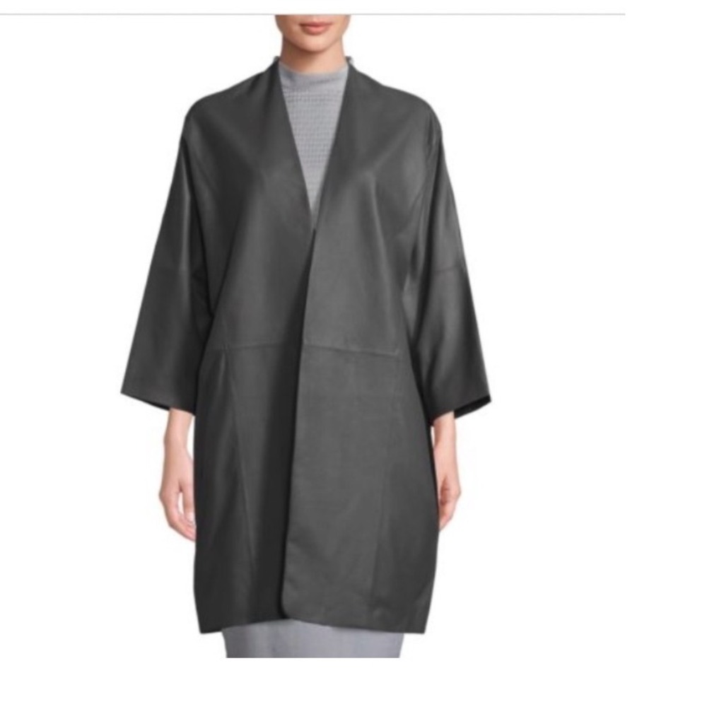 Vince Womens in iron Grey Goat Leather Open Front Duster Coat Jacket Shell Small